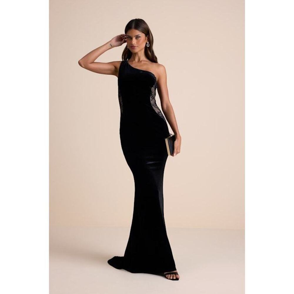 Lulus Razela Black Velvet Lace One-shoulder Maxi Dress - Size XS